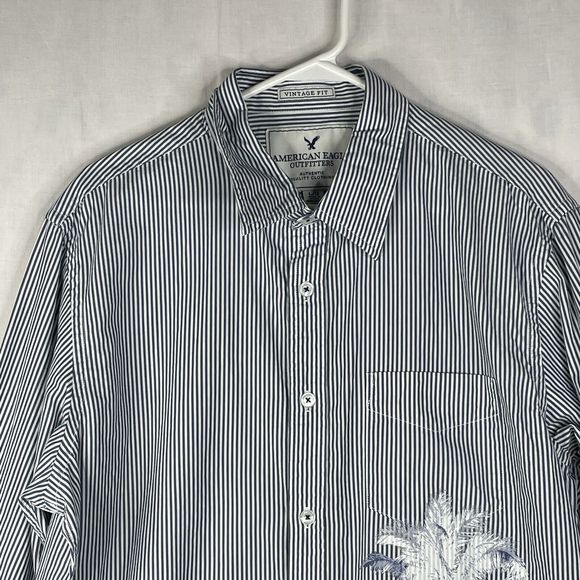 American Eagle Shirt Mens Sz L Palm Tree Button Up Blue Stripe Long Sleeve - Picture 4 of 14